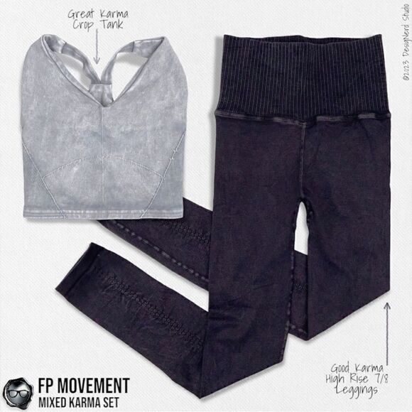 FP MOVEMENT GREY GREAT KARMA CROP TANK + BLACK GOOD KARMA HIGH-RISE LEGGINGS M/L - Picture 13 of 13